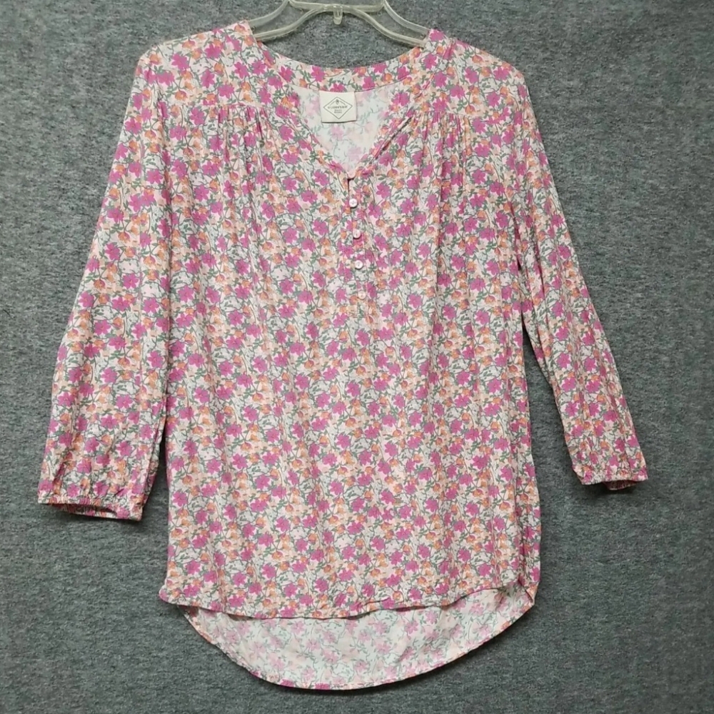 ST. John's Bay Women's Top Long Sleeve Pink Floral Henley Neckline Sz. See Desc.